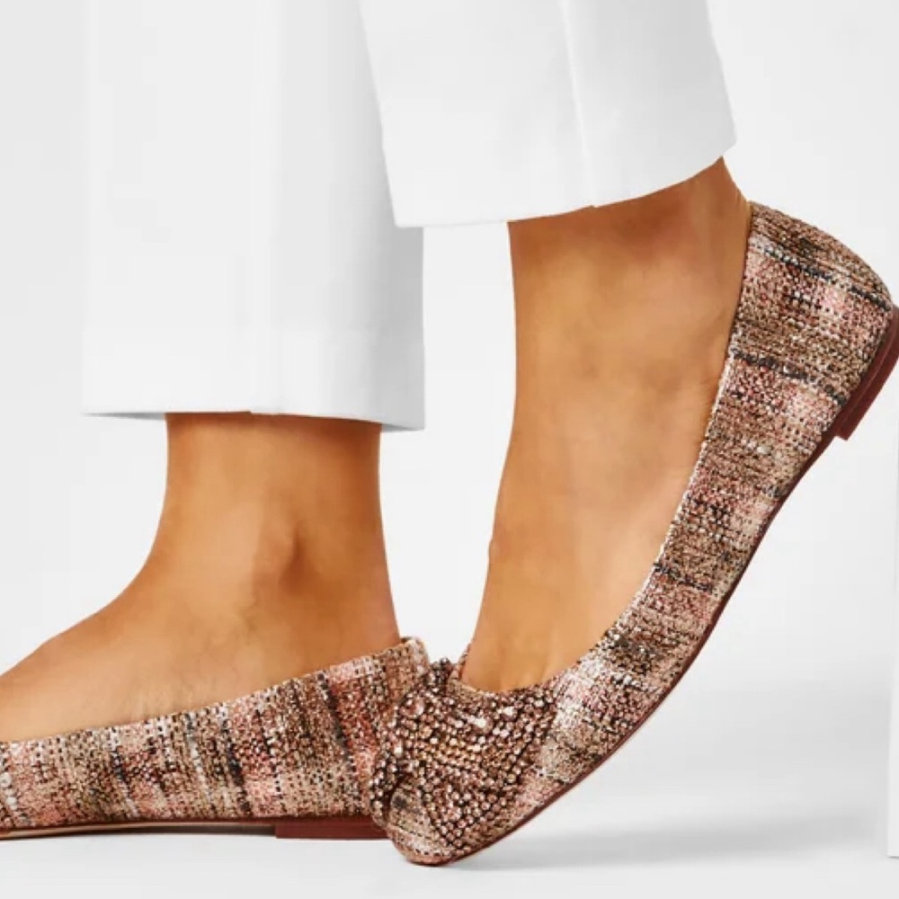Authentic Brand new Tory Burch Crystal bow ballet metallic tweed_rose gold multi